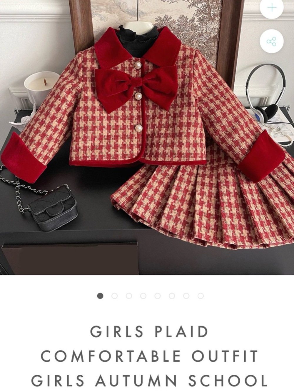 Girls Red Plaid Matching Set with Velvet Bow